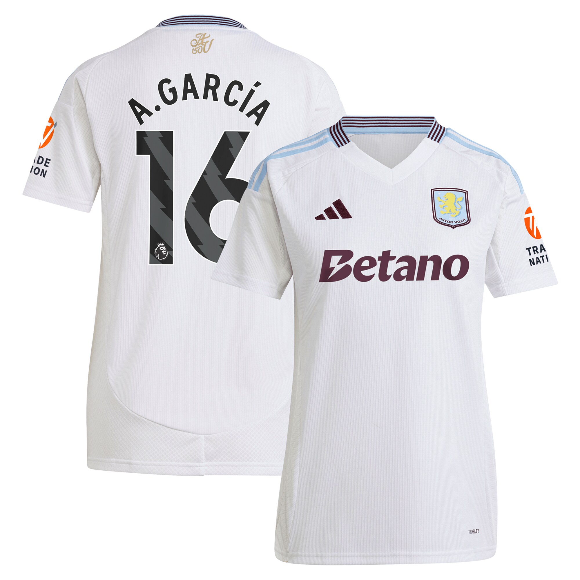 Aston Villa aston-villa-adidas-away-shirt-2024-25-womens-with-a.garcia-16-printing Kits - Official Football Shirts & Training Gear